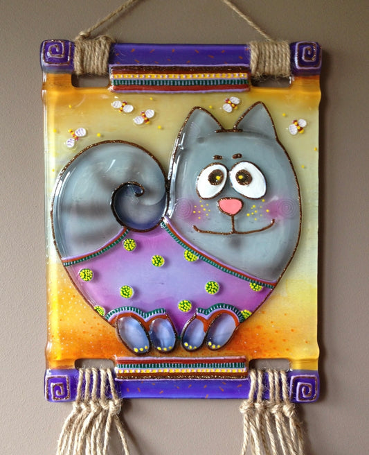 Cat Marzipan Glass Panel Wall Art - Hand-Painted Fused-Glass Panel with Intricate Details and Delightful Patterns, 22 cm