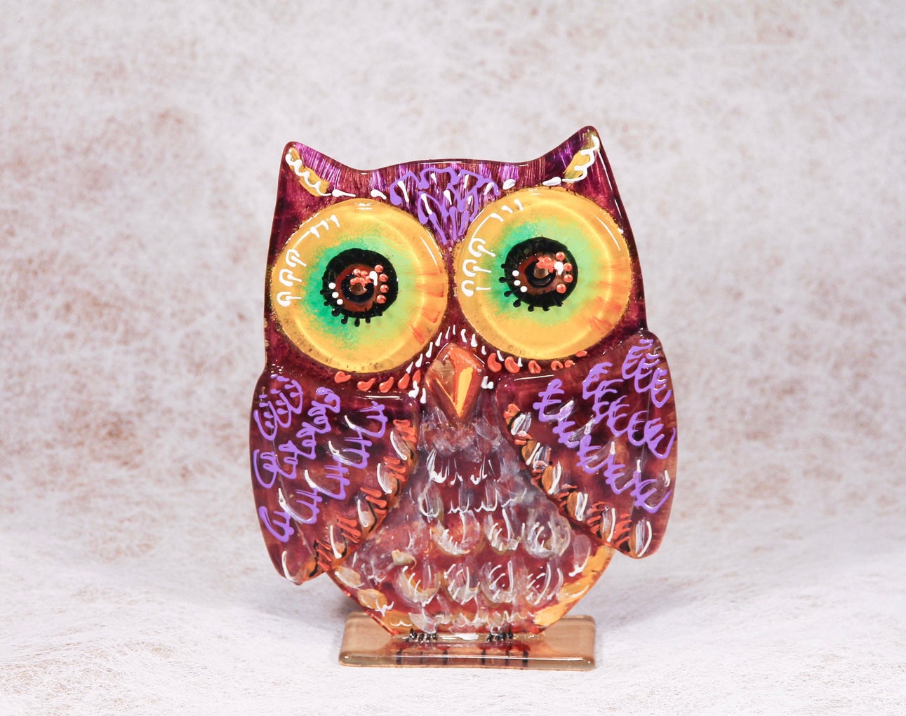 Big Owl Home Talisman on the Stand Glass Artwork - Hand-Painted Fused-Glass Decor with Owl Talisman, 20 cm