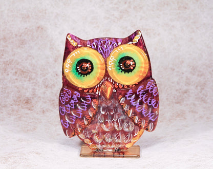 Big Owl Home Talisman on the Stand Glass Artwork - Hand-Painted Fused-Glass Decor with Owl Talisman, 20 cm