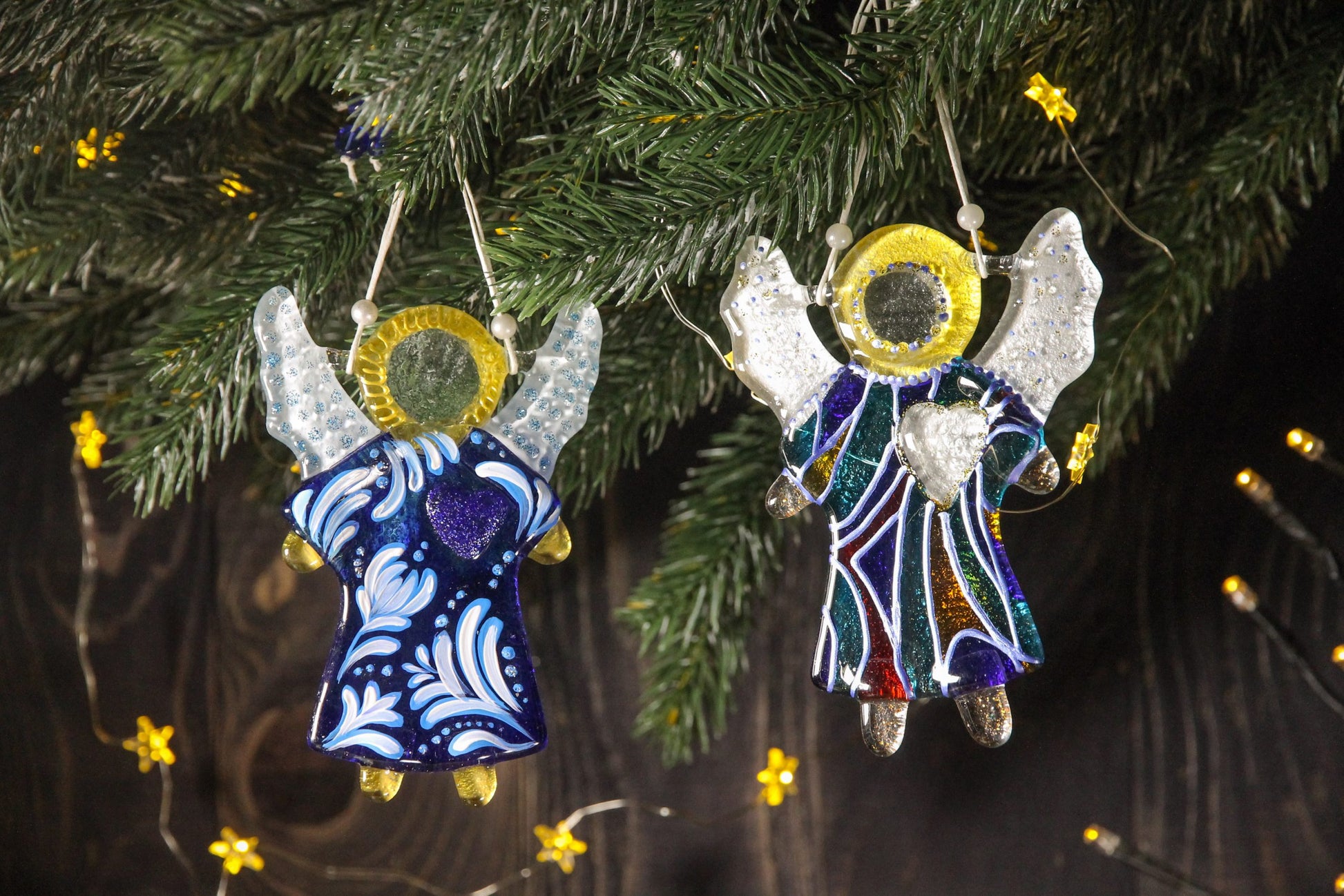 Guardian Angel of Love with Red Heart Glass Wall Art in Blue & Clear - Handmade Fused-Glass Decor with Vibrant Colors and Intricate Patterns