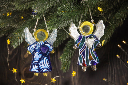 Guardian Angel of Love with Red Heart Glass Wall Art in Blue & White - Handmade Fused-Glass Decor with Vibrant Colors and Intricate Patterns