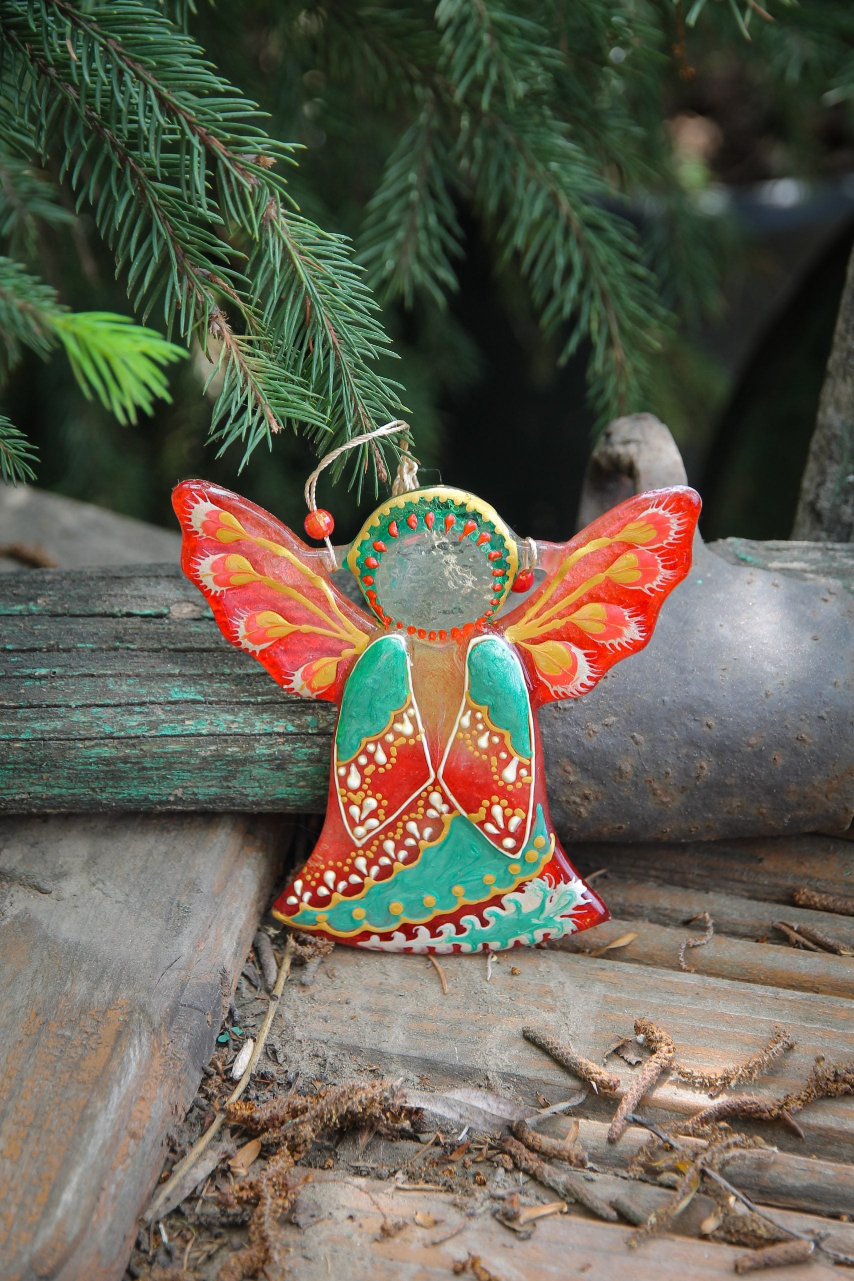 Guardian Angel Glass Wall Art in Orange & Mint - Handmade Fused-Glass Decor with Vibrant Colors and Intricate Patterns