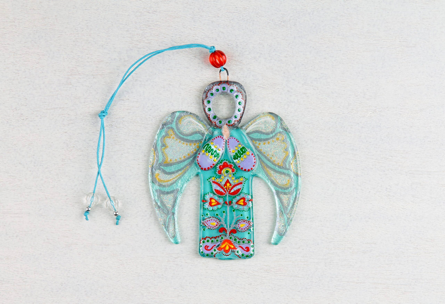 Guardian Angel Glass Wall Art in Mint & Grey - Handmade Fused-Glass Decor with Vibrant Colors and Intricate Patterns