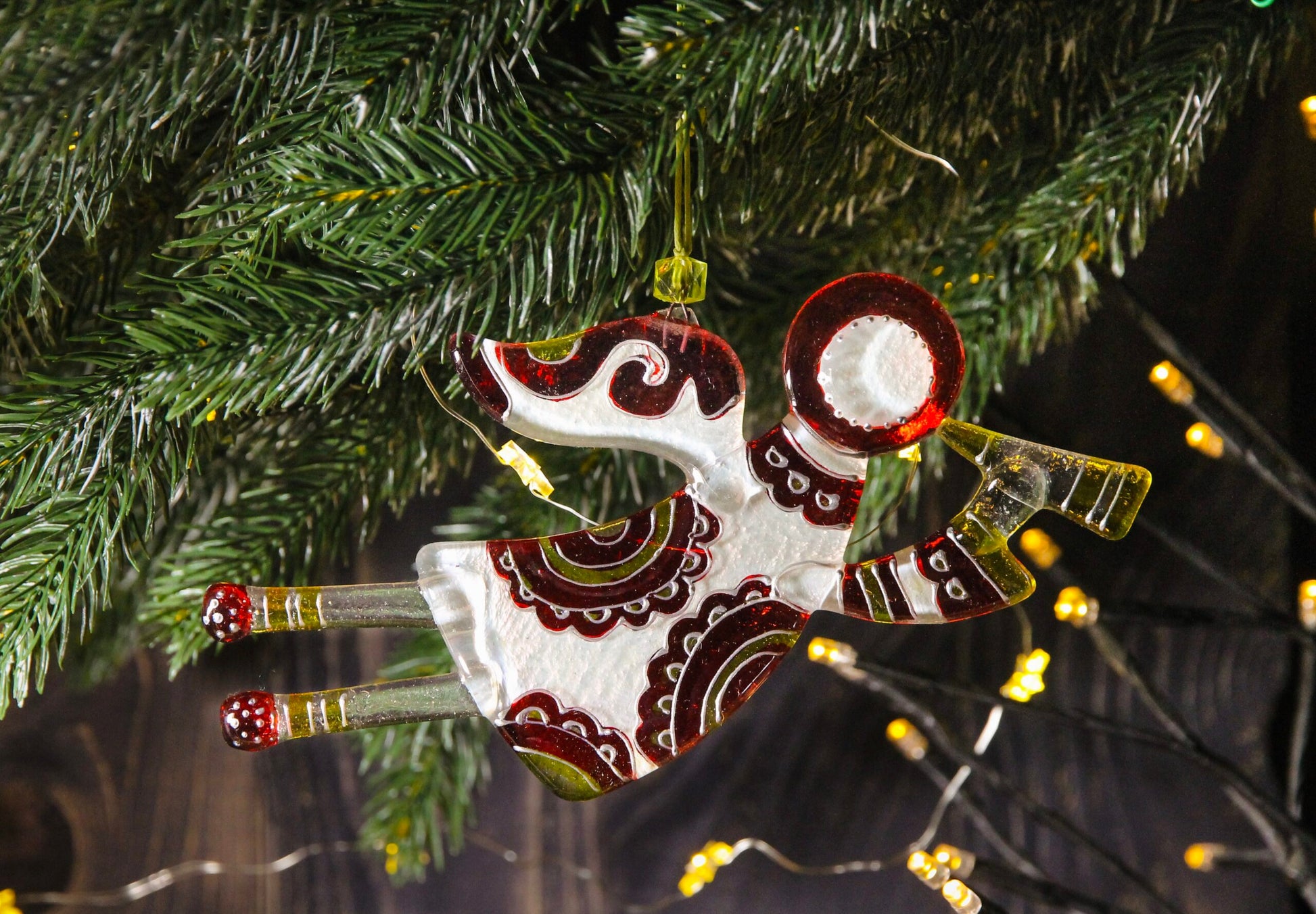 Flying Guardian Angel Glass Wall Art Suncatcher, Clear, Red & Yellow - Handmade Fused-Glass Decor with Vibrant Colors and Intricate Patterns
