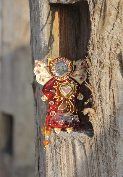 Guardian Angel of Love with Red Heart Glass Wall Art in Fiery Red - Handmade Fused-Glass Decor with Intricate Patterns