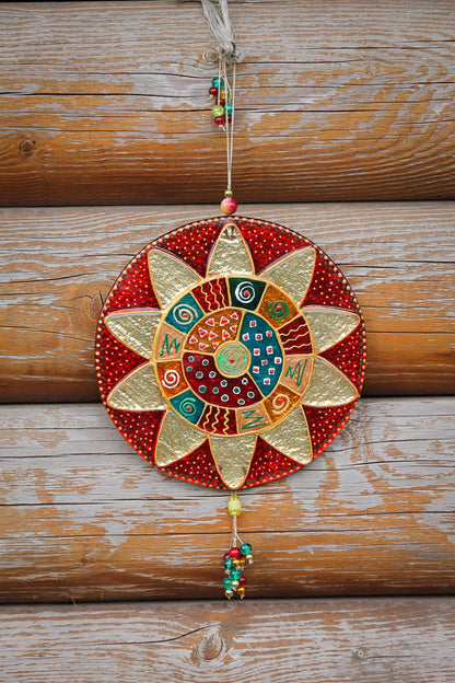 Big Mandala Glass Artwork - Hand-Painted Fused-Glass Decor with Vibrant Colors and Intricate Patterns, Red