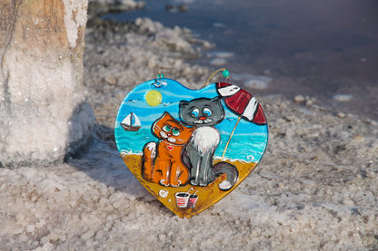 Cats in Love Beachscape Glass Artwork - Hand-Painted Fused-Glass Decor with Romantic Cats, Seaside Charm, and Coastal Patterns