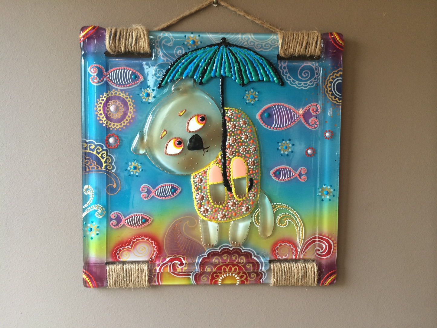 Cat Walk in the Rain Glass Panel Wall Art - Hand-Painted Fused-Glass Panel with Vibrant Colors and Whimsical Patterns, 26 cm