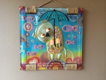 Cat Walk in the Rain Glass Panel Wall Art - Hand-Painted Fused-Glass Panel with Vibrant Colors and Whimsical Patterns, 26 cm