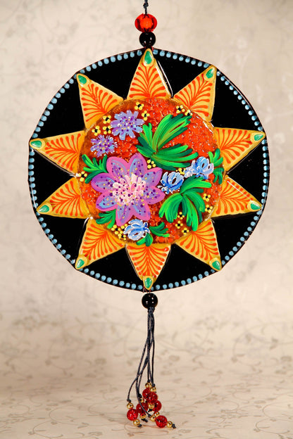 Big Blooming Sun Symbol Talisman Glass Artwork - Hand-Painted Fused-Glass Decor with Vibrant Colors and Intricate Patterns, Gold