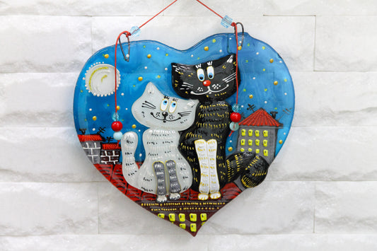Feline Romance Beneath the Night Sky Glass Artwork - Hand-Painted Fused-Glass Decor with Romantic Cats, Night Sky, and Heartwarming Patterns