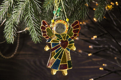 Guardian Angel of Love with Red Heart Glass Wall Art Suncatcher in Multicolored Ray - Handmade Fused-Glass Decor with Vibrant Colors and Intricate Patterns