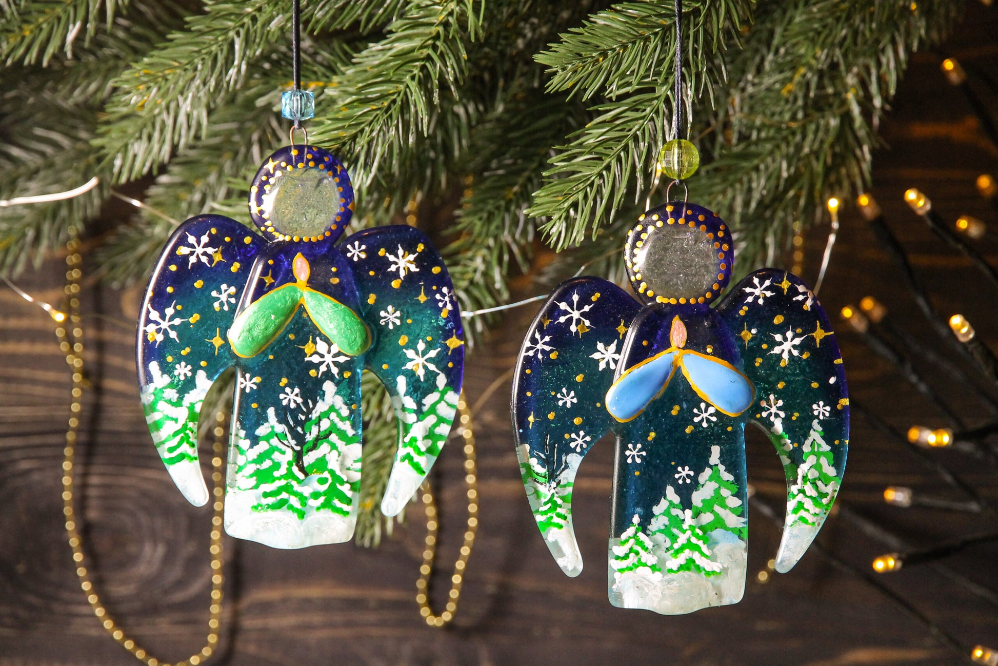 Guardian Angel Glass Wall Art in Blue & Green - Handmade Fused-Glass Decor with Vibrant Colors and Intricate Patterns
