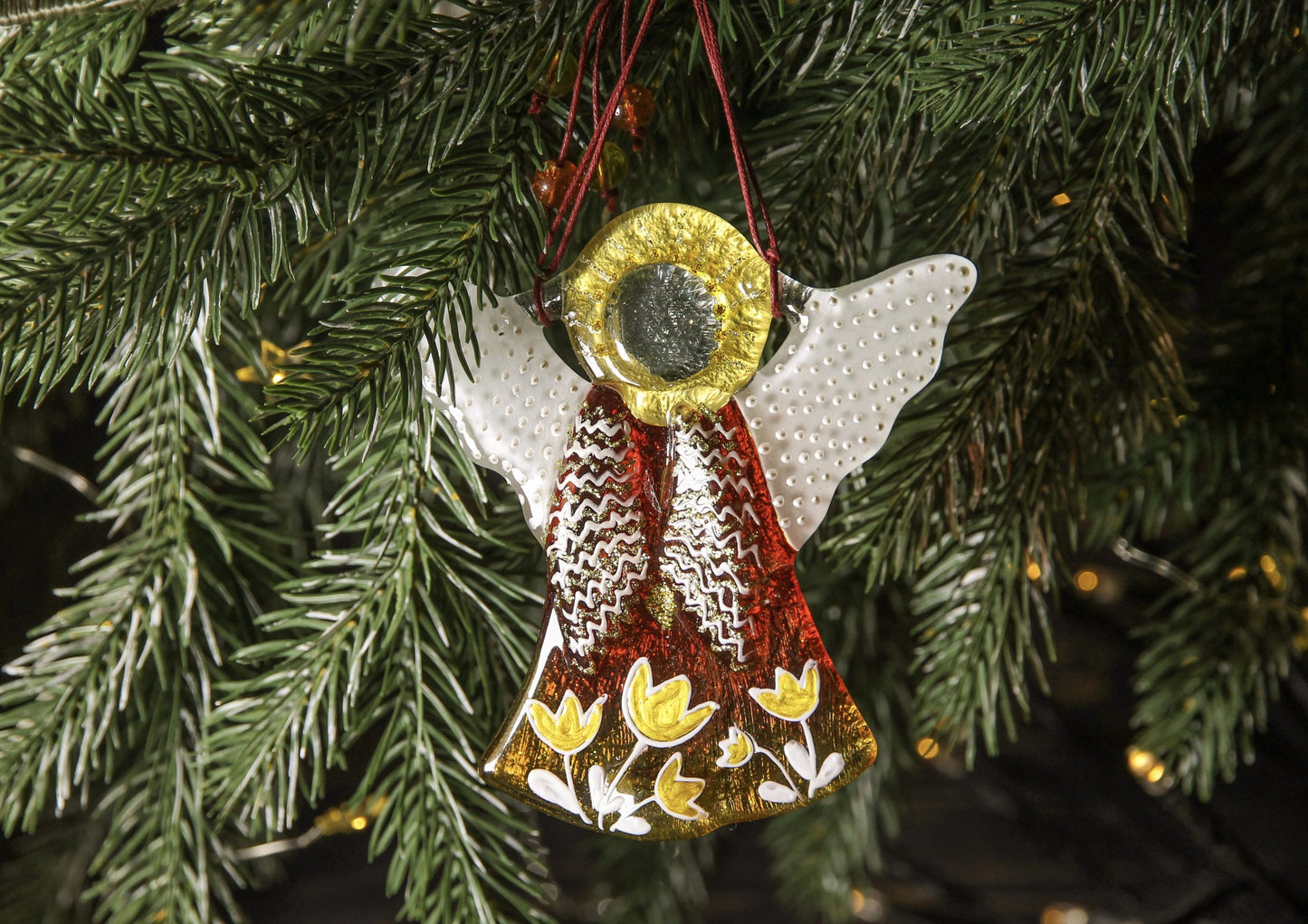 Guardian Angel Glass Wall Art in Red & Gold - Handmade Fused-Glass Decor with Vibrant Colors and Intricate Patterns