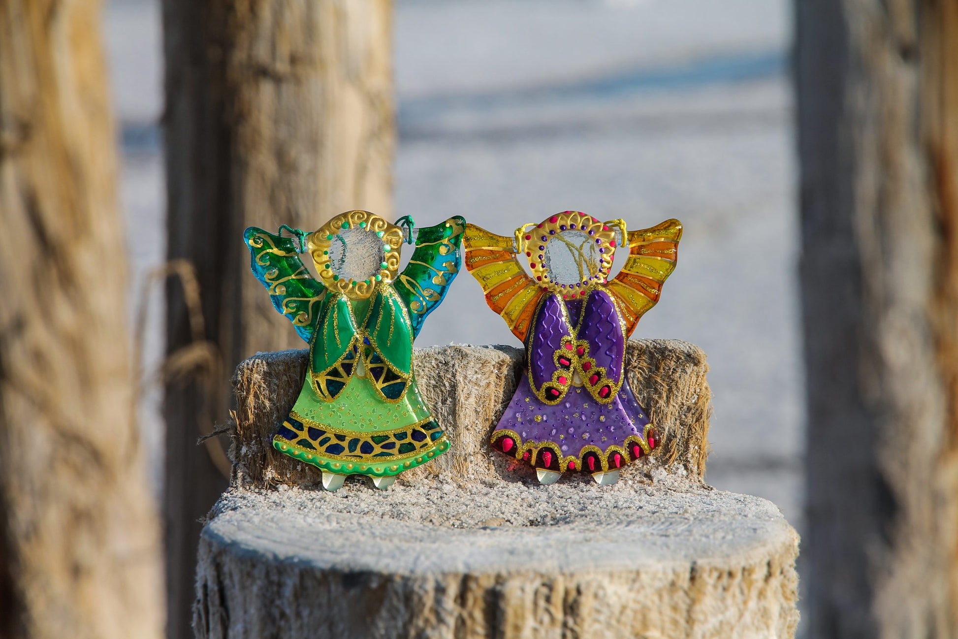 Guardian Angel Glass Wall Art in Purple & Orange - Handmade Fused-Glass Decor with Vibrant Colors and Intricate Patterns
