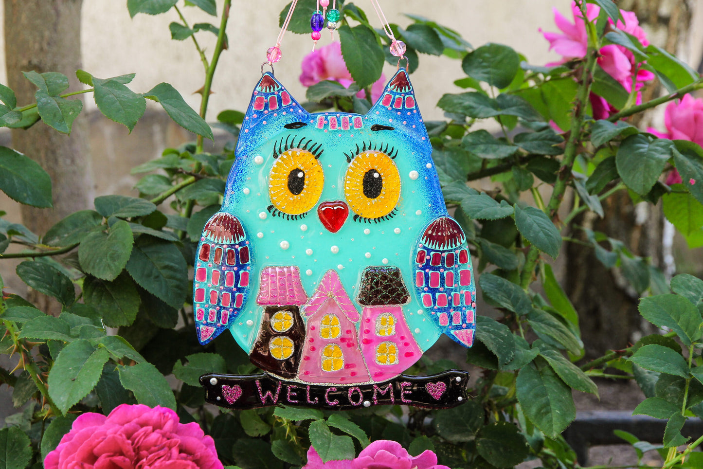 Big Owl Home Talisman Glass Artwork - Hand-Painted Fused-Glass Decor with Wise Owl, Cityscape Design, and Urban Charm