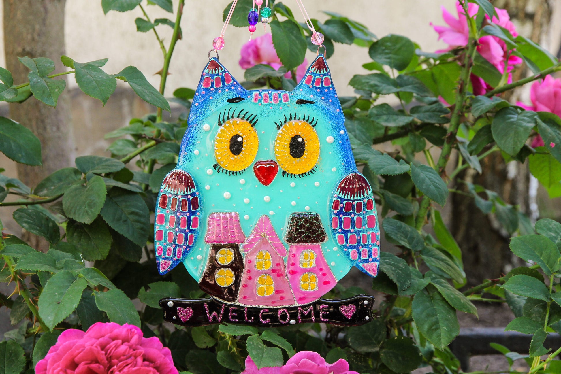 Big Owl Home Talisman Glass Artwork - Hand-Painted Fused-Glass Decor with Wise Owl, Cityscape Design, and Urban Charm