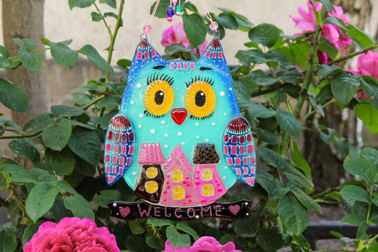 Big Owl Home Talisman Glass Artwork - Hand-Painted Fused-Glass Decor with Wise Owl, Cityscape Design, and Urban Charm