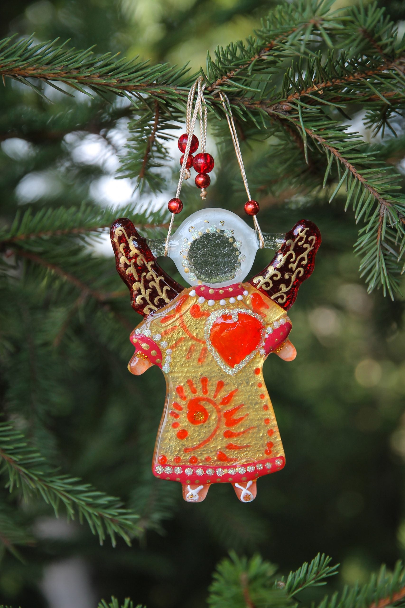 Guardian Angel of Love with Red Heart Glass Wall Art in Gold & Red - Handmade Fused-Glass Decor with Vibrant Colors and Intricate Patterns