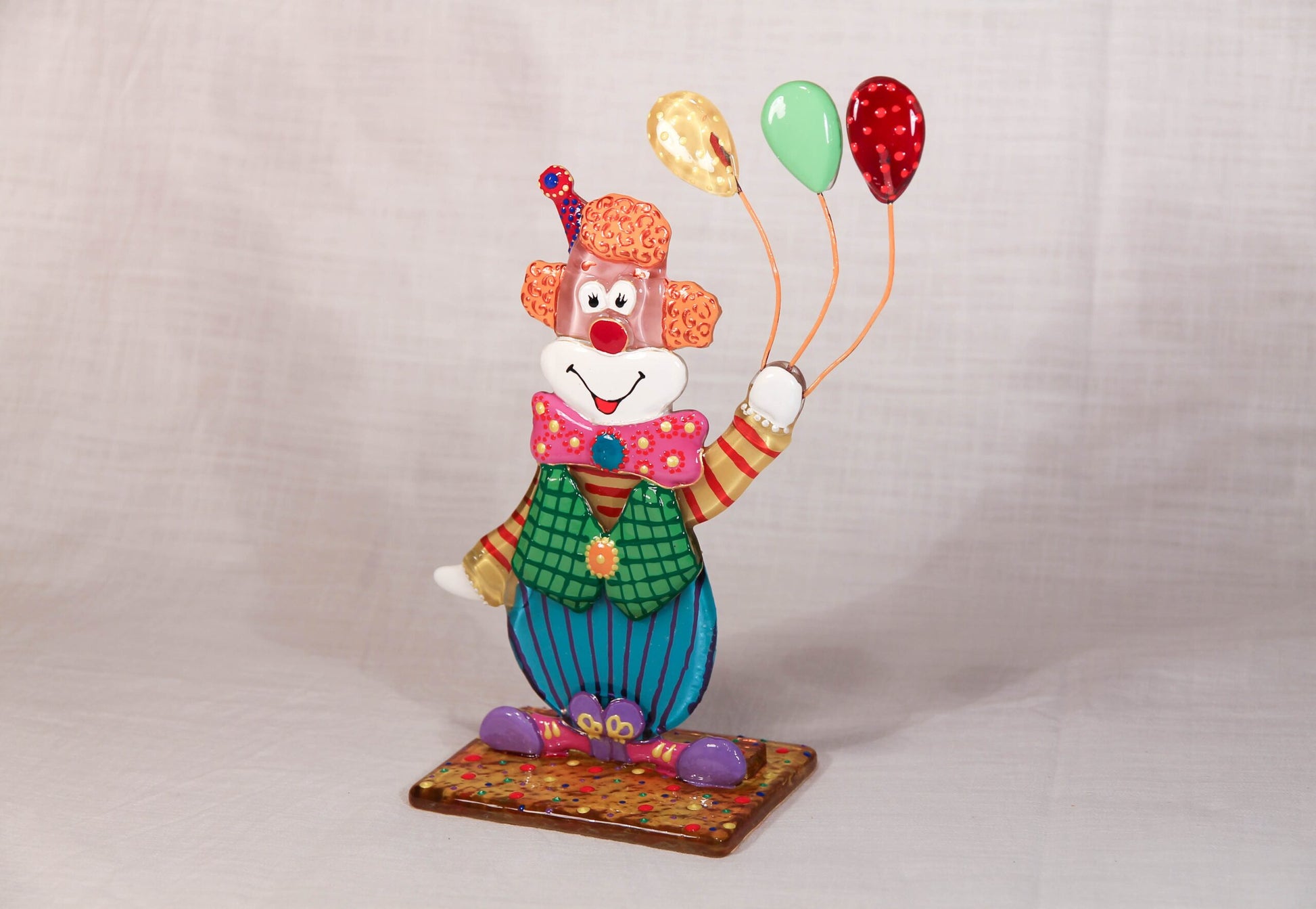 Cheerful Clown on the Stand Big Glass Artwork - Hand-Painted Fused-Glass Decor with Joyful Clown, 20 cm