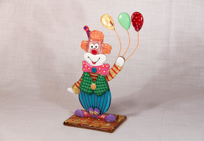 Cheerful Clown on the Stand Big Glass Artwork - Hand-Painted Fused-Glass Decor with Joyful Clown, 20 cm