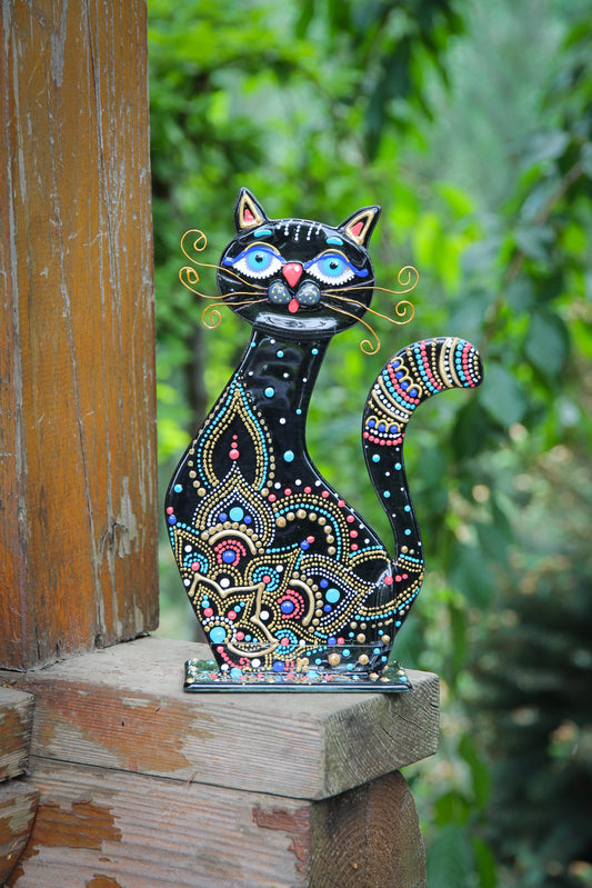 Loving Cat on the Stand Big Glass Artwork - Hand-Painted Fused-Glass Decor with Delightful Cat Perched, 25 cm Black