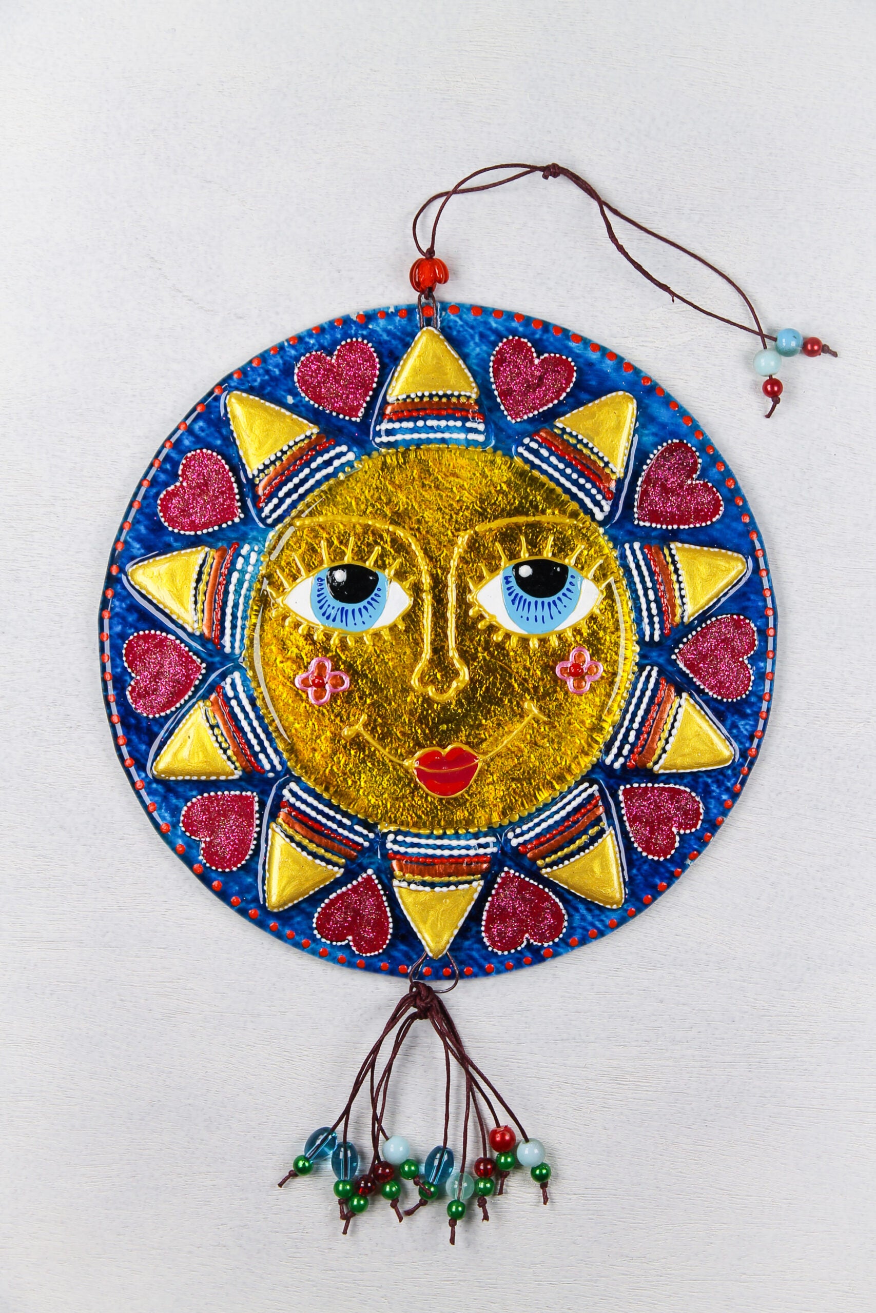 Big Sun Symbol Talisman Glass Artwork - Hand-Painted Fused-Glass Decor with Vibrant Colors and Intricate Patterns, Blue