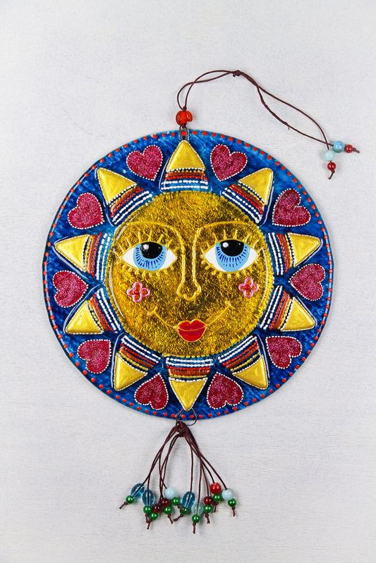 Big Sun Symbol Talisman Glass Artwork - Hand-Painted Fused-Glass Decor with Vibrant Colors and Intricate Patterns, Blue