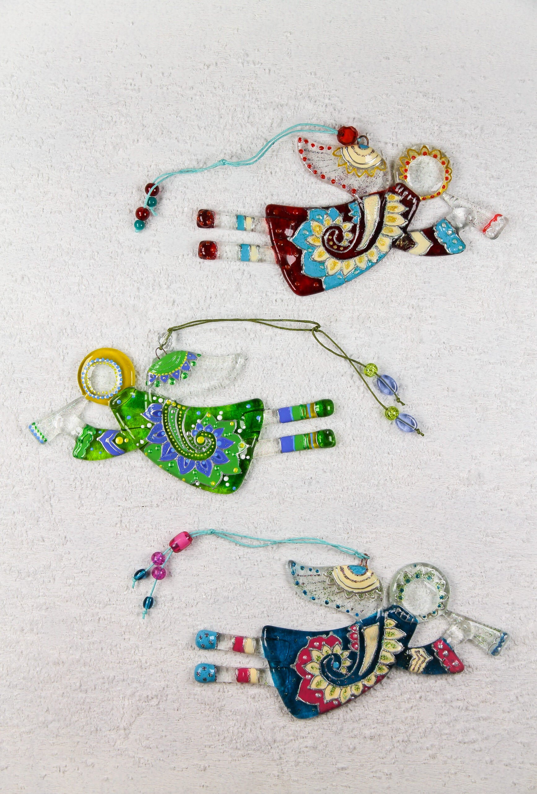 Flying Guardian Angel Glass Wall Art in Suncatcher, Red & Mint - Handmade Fused-Glass Decor with Vibrant Colors and Intricate Patterns
