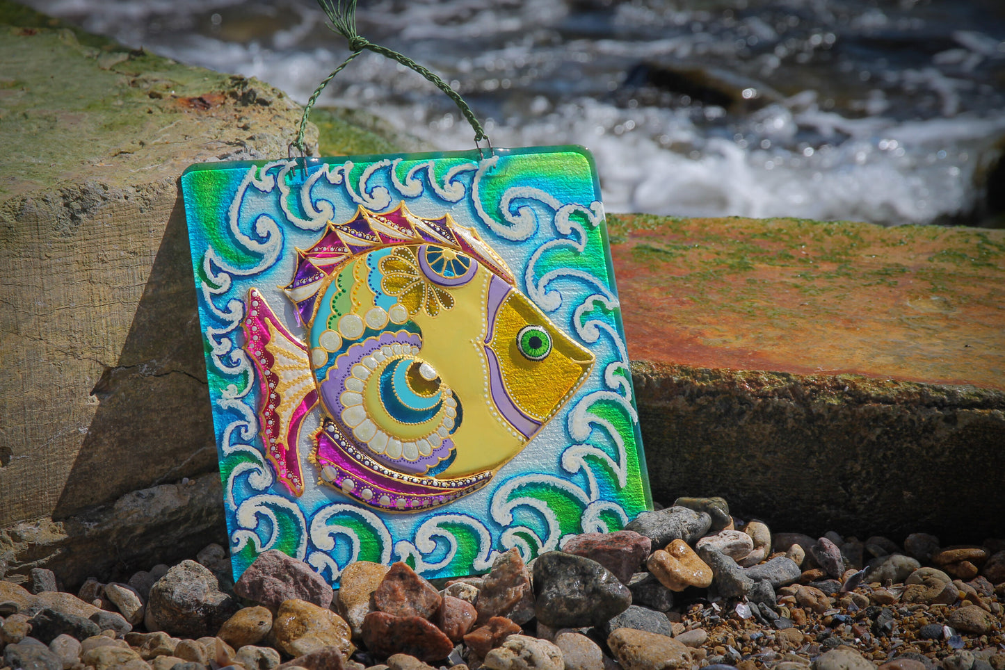 Fish Glass Panel Wall Art - Hand-Painted Fused-Glass Panel with Vibrant Colors and Playful Patterns, Yellow, 26 cm