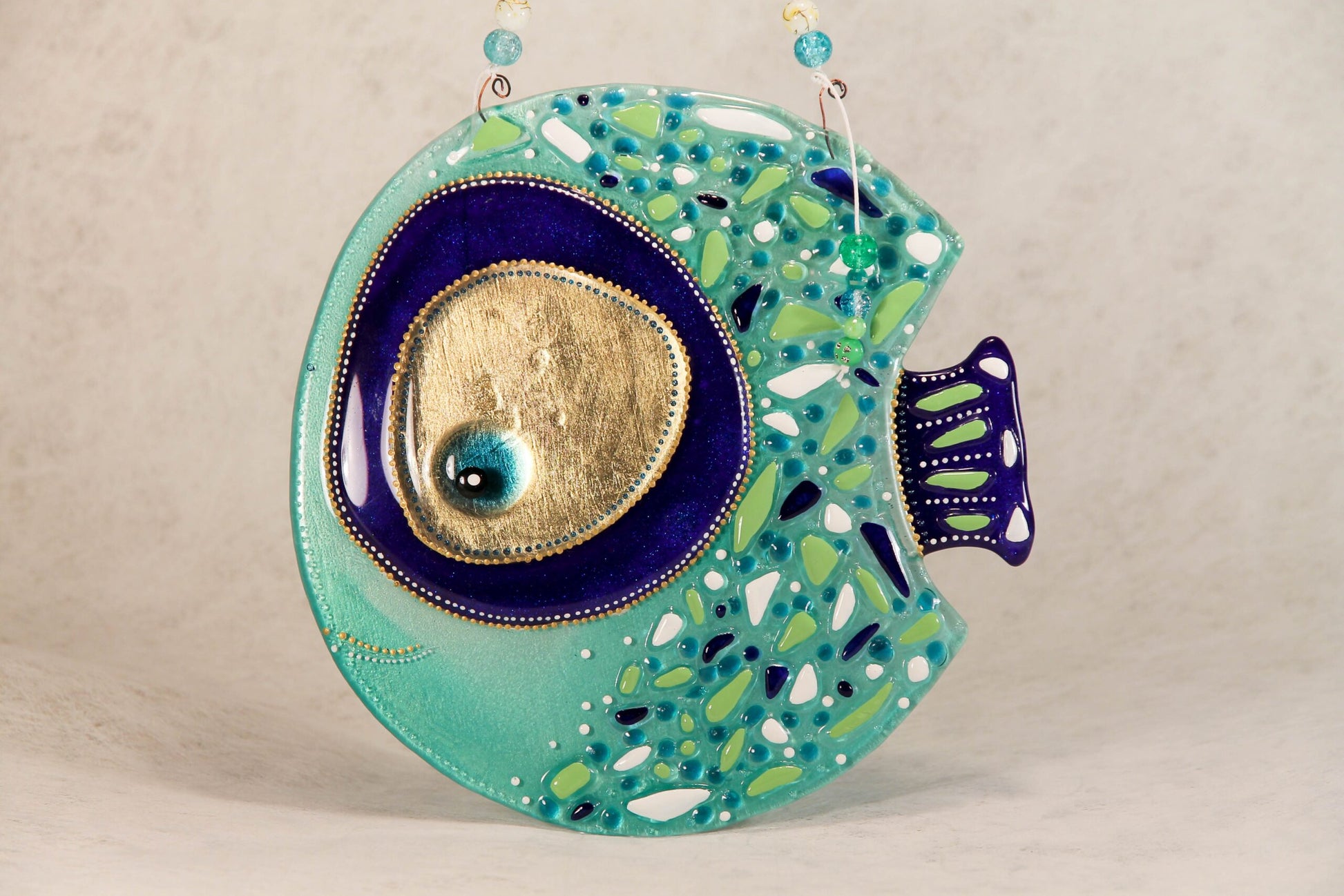 Big Fish in Love Symbol of Happiness Glass Artwork - Fused-Glass Decor with Captivating Patterns and Lively Colors, Green