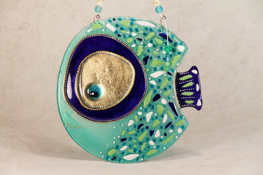 Big Fish in Love Symbol of Happiness Glass Artwork - Fused-Glass Decor with Captivating Patterns and Lively Colors, Green