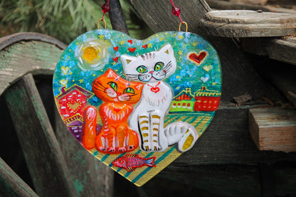 Cats in Love Picnic on Sunny Roof Glass Artwork - Hand-Painted Fused-Glass Decor with Charming Cats, Vibrant Colors, and Whimsical Patterns