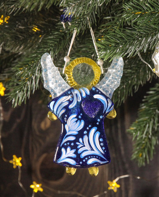 Guardian Angel of Love with Red Heart Glass Wall Art in Blue & White - Handmade Fused-Glass Decor with Intricate Patterns