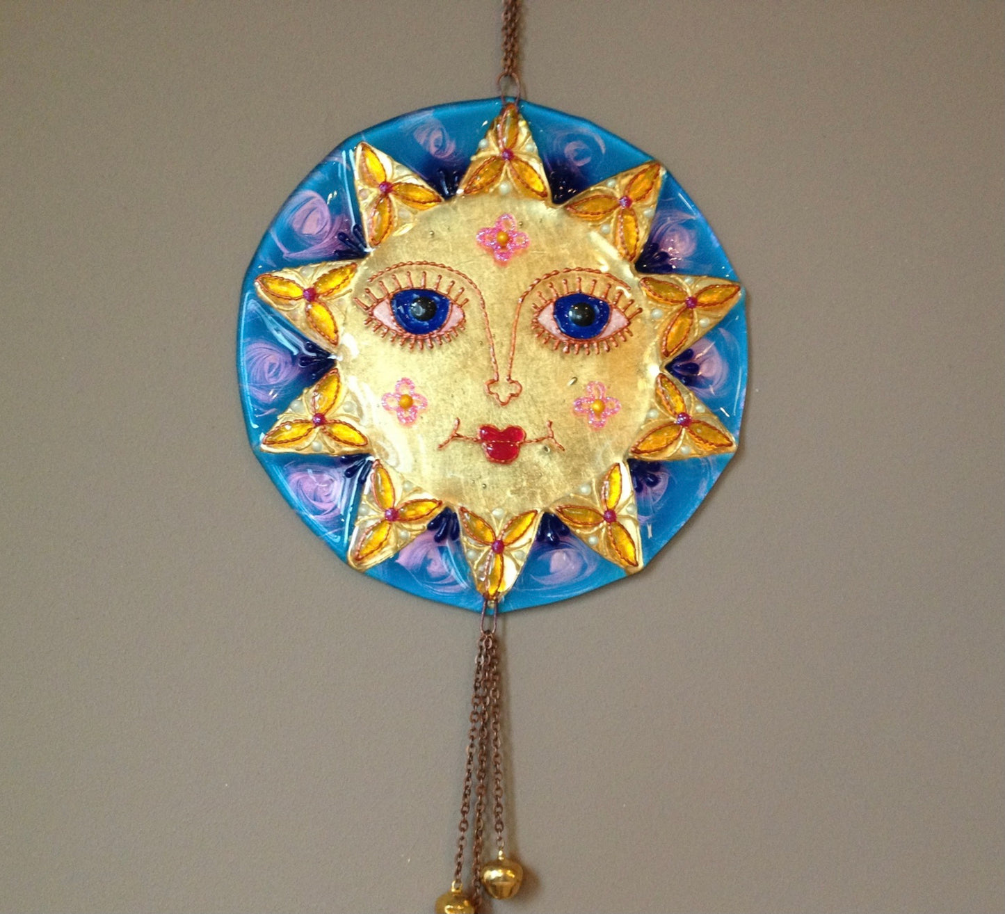Big Sun Symbol Talisman Glass Artwork - Hand-Painted Fused-Glass Decor with Vibrant Colors and Intricate Patterns, Blue