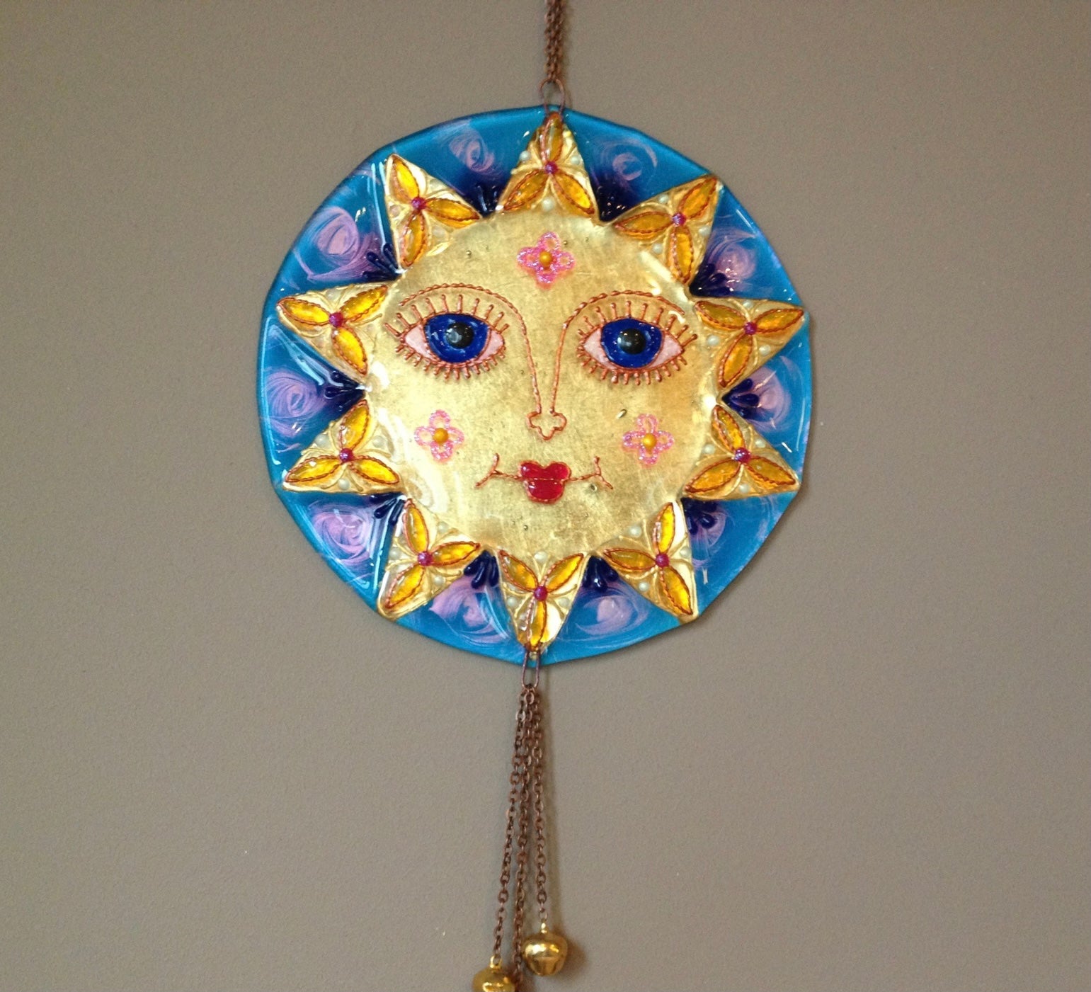 Big Sun Symbol Talisman Glass Artwork - Hand-Painted Fused-Glass Decor with Vibrant Colors and Intricate Patterns, Blue