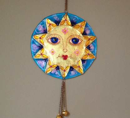 Big Sun Symbol Talisman Glass Artwork - Hand-Painted Fused-Glass Decor with Vibrant Colors and Intricate Patterns, Blue