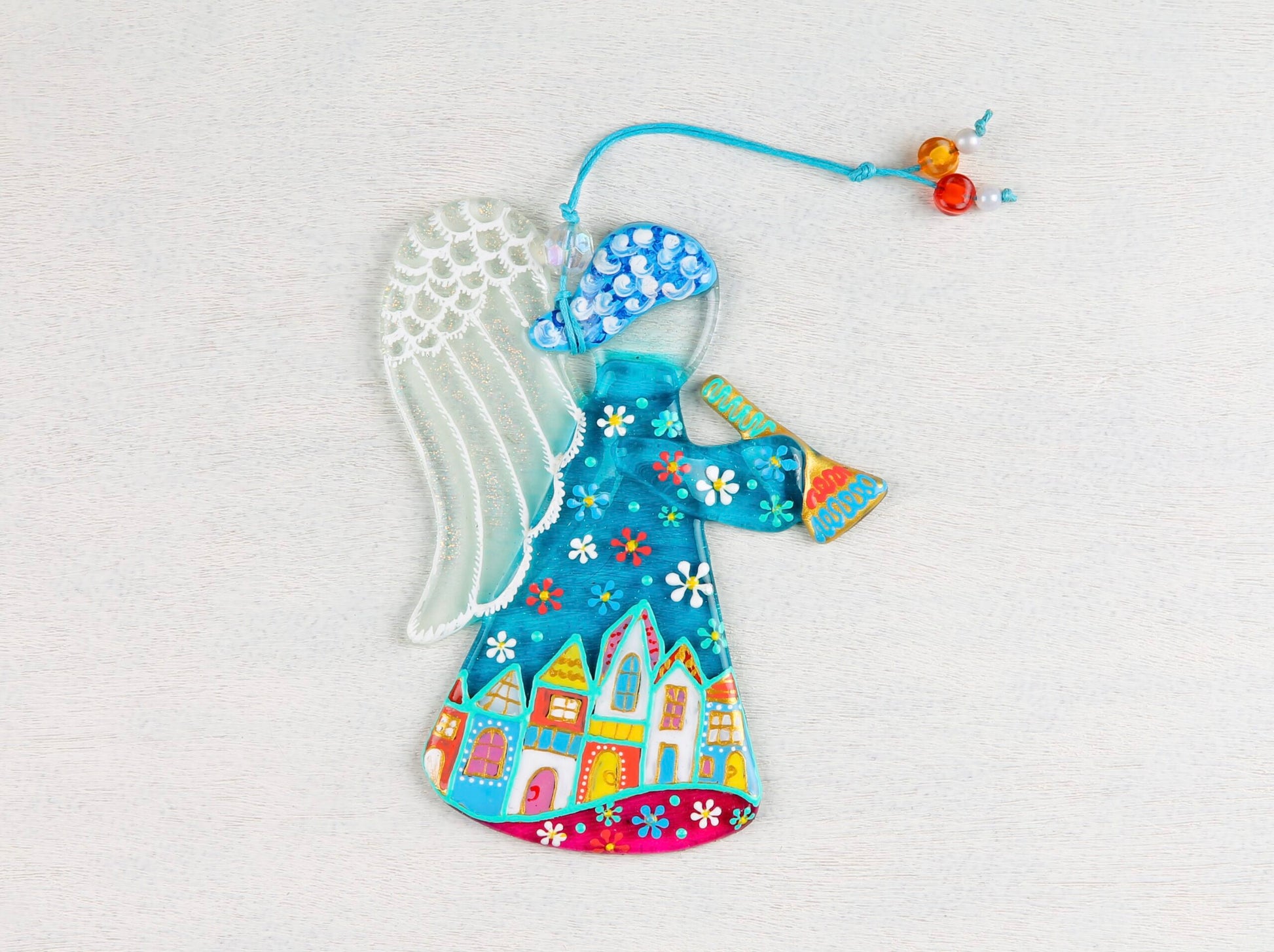 Guardian Angel Glass Wall Art in Suncatcher, Light Blue & Clear - Handmade Fused-Glass Decor with Vibrant Colors and Intricate Patterns