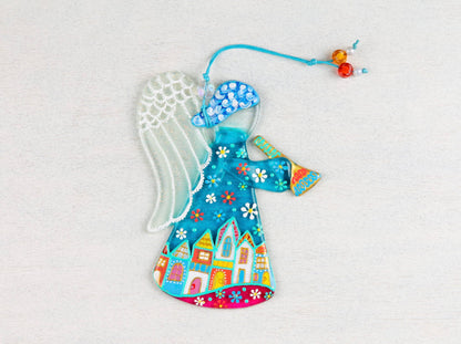 Guardian Angel Glass Wall Art in Suncatcher, Light Blue & Clear - Handmade Fused-Glass Decor with Vibrant Colors and Intricate Patterns