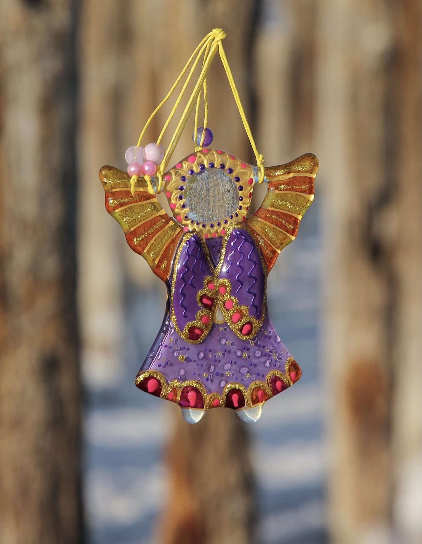 Guardian Angel Glass Wall Art in Purple & Orange - Handmade Fused-Glass Decor with Vibrant Colors and Intricate Patterns
