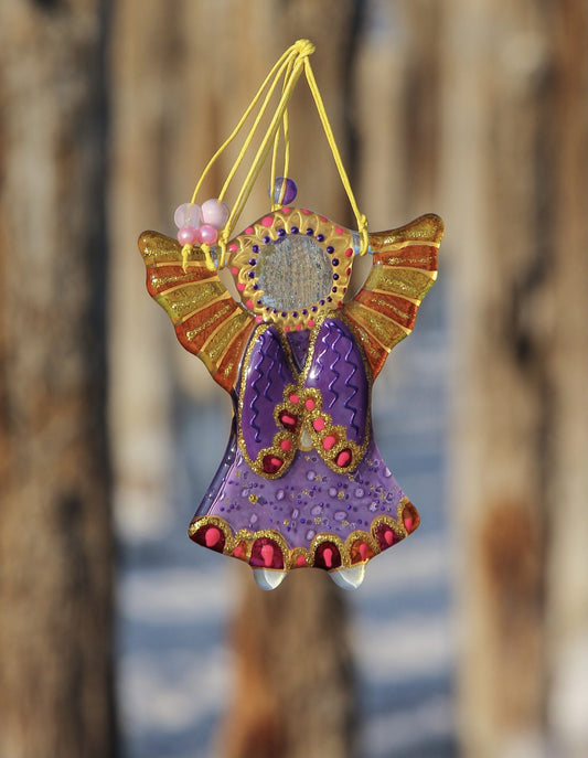 Guardian Angel Glass Wall Art in Purple & Orange - Handmade Fused-Glass Decor with Vibrant Colors and Intricate Patterns
