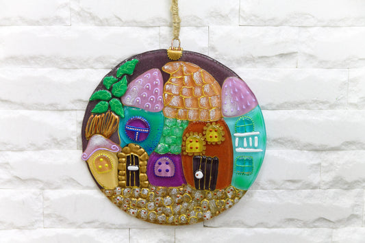Fairy Tale City Glass Panel Wall Art - Hand-Painted Fused-Glass Panel, 25 cm