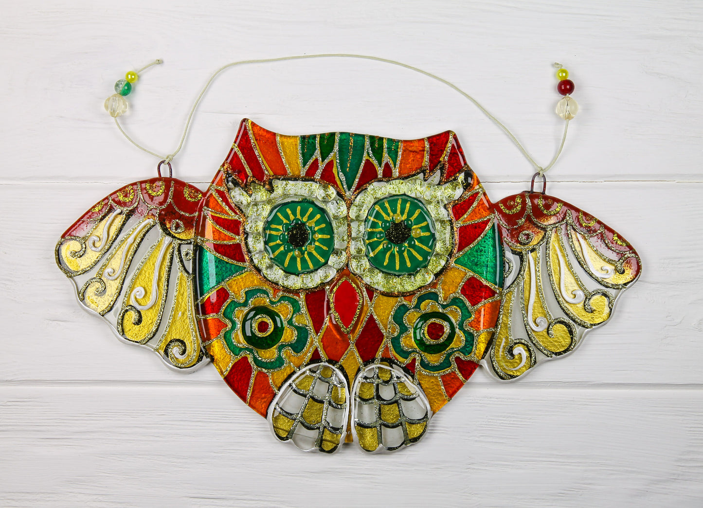 Big Owl Talisman with Mosaic Patterns Glass Artwork - Hand-Painted Fused-Glass Decor with Wise Owl, Mosaic Patterns, and Symbolic Energy