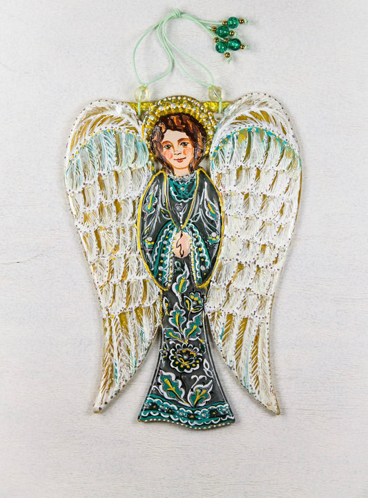 Big Guardian AngelGlass Wall Art in Green - Handmade Fused-Glass Decor with Vibrant Colors and Intricate Patterns