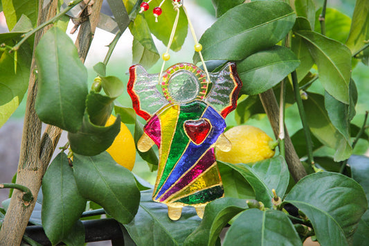 Guardian Angel of Love with Red Heart Glass Wall Art Suncatcher in Multicolored Lines - Handmade Fused-Glass Decor