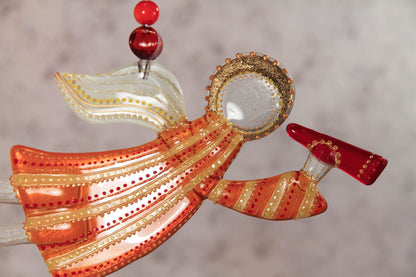 Flying Guardian Angel Glass Wall Art Suncatcher, Orange & Yellow Strips - Handmade Fused-Glass Decor with Vibrant Colors and Intricate Patterns