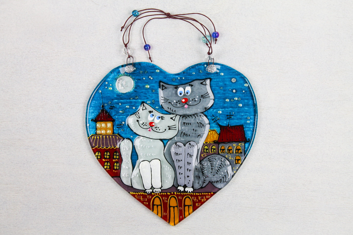 Love-Struck Cats Beneath the Night Sky Glass Artwork - Hand-Painted Fused-Glass Decor with Romantic Cats, Starlit Sky, and Enchanting Patterns