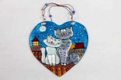 Love-Struck Cats Beneath the Night Sky Glass Artwork - Hand-Painted Fused-Glass Decor with Romantic Cats, Starlit Sky, and Enchanting Patterns