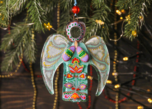 Guardian Angel Glass Wall Art in Mint & Grey - Handmade Fused-Glass Decor with Vibrant Colors and Intricate Patterns