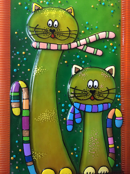 Cats on a Walk Glass Artwork Panel - Hand-Painted, Green, 40 cm